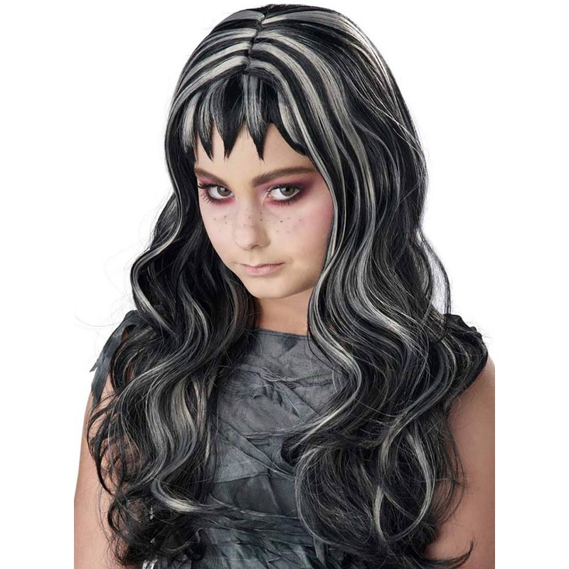 Gothic Girls Black and Grey Streaks Halloween Costume Wig