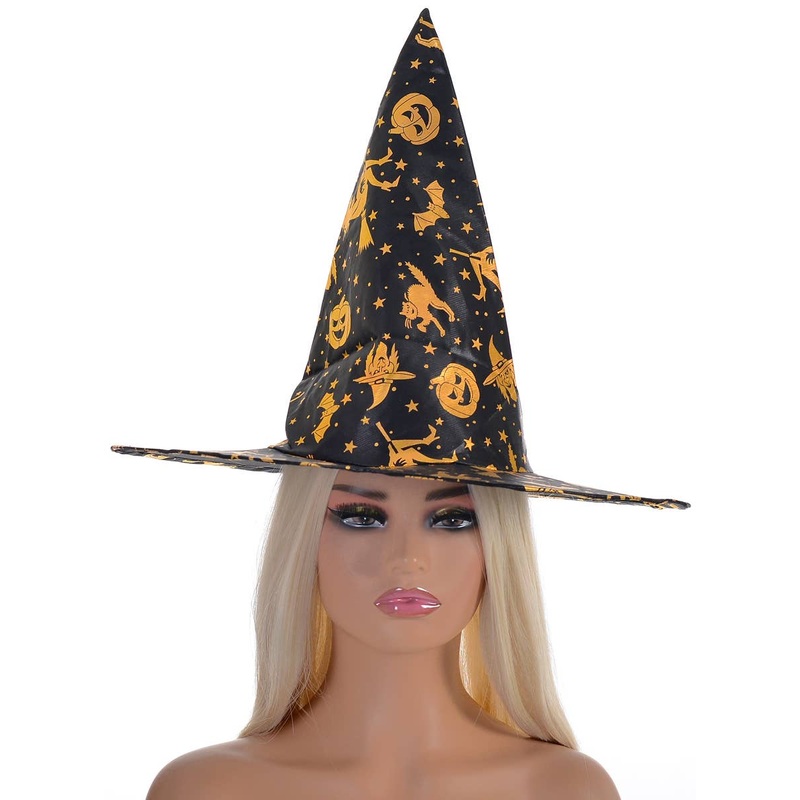 Metallic Gold Halloween Theme Print Witch Hat