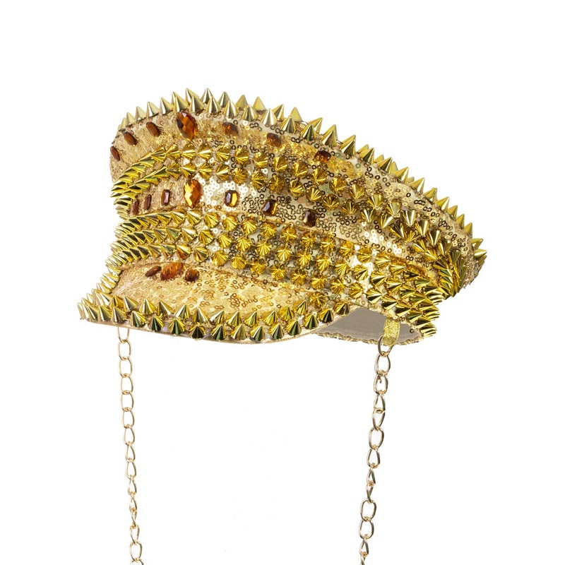Spiked Gold Sequin Festival Hat with Hanging Chain