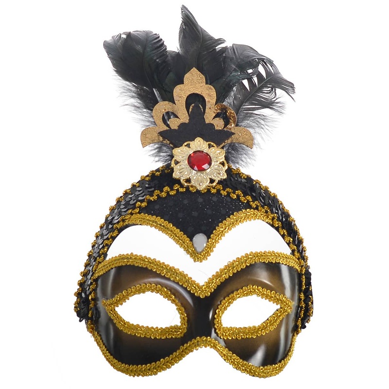 Exquisite Black and Gold Masquerade Mask with Feathers