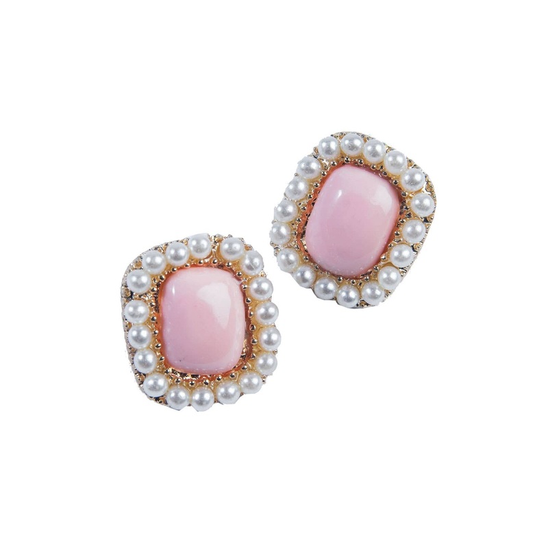 Vintage Gold and Pink Earrings with Pearls Costume Jewellery