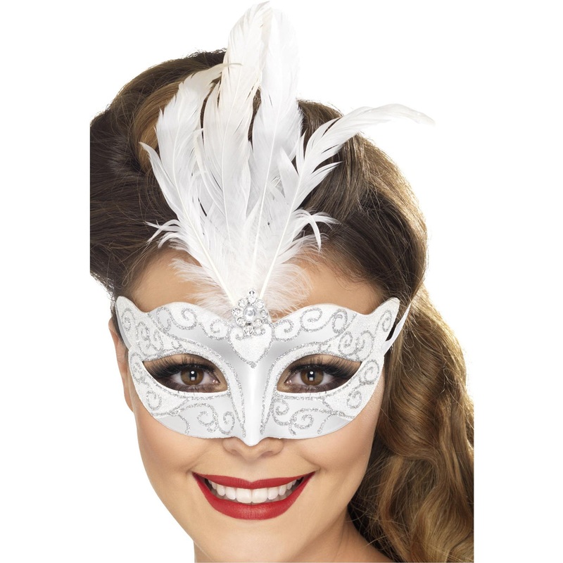 Glittery Womens White Feather Masquerade Mask