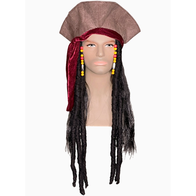 Suede Look Mens Brown Pirate Costume Hat With Deadlocks