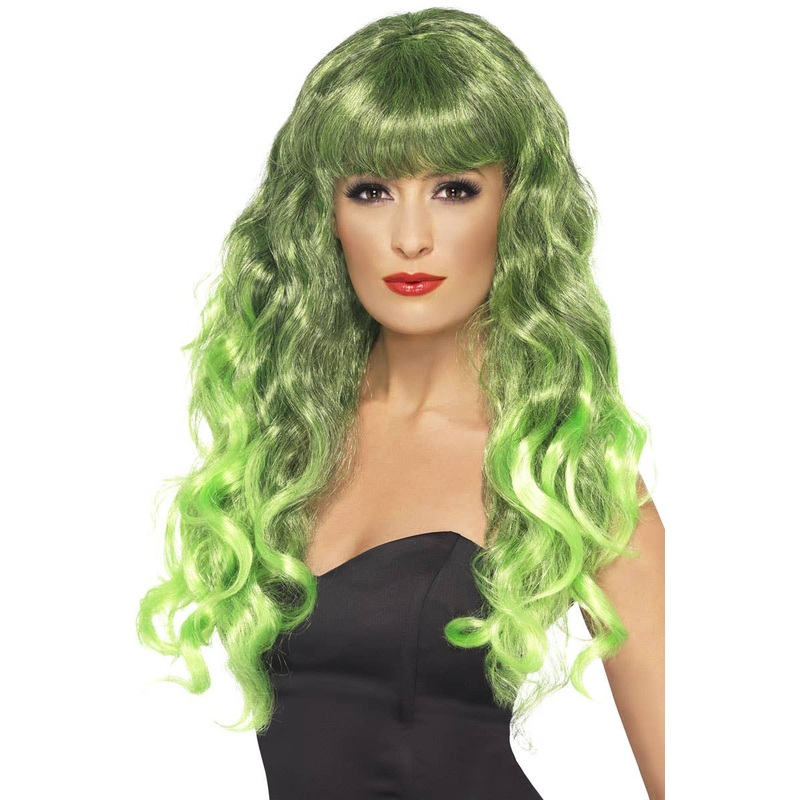 Glamour Siren Curly Black and Green Costume Wig