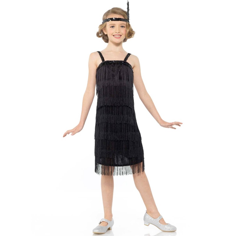 1920s Black Fringed Flapper Girls Dress Up Costume Large