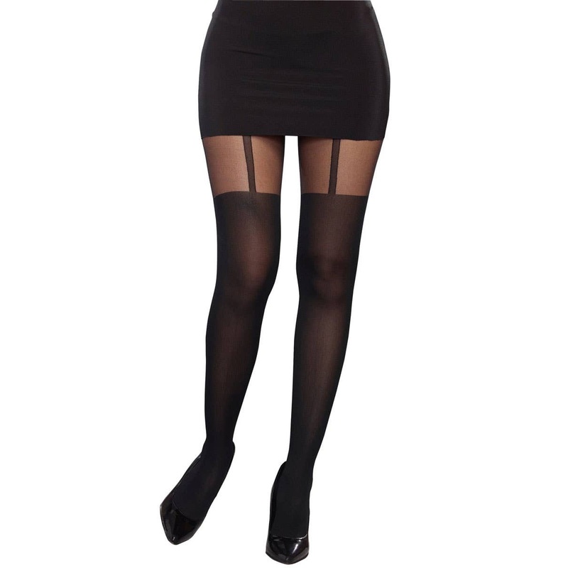 Sheer Black Full Length Pantyhose with Opaque Garters