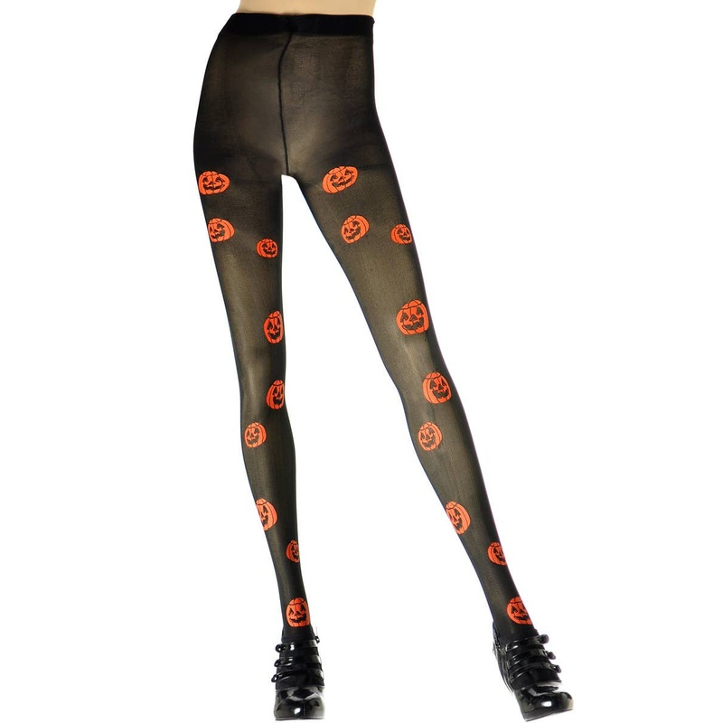 Sheer Black Full Length Pumpkin Halloween Stockings