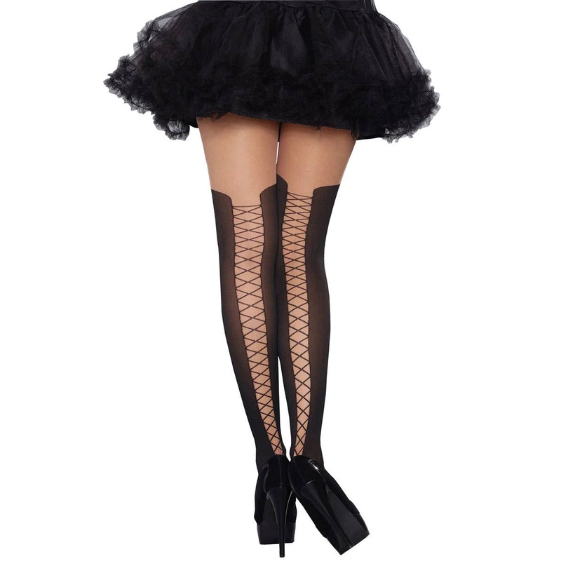 Sheer Nude Full Length Pantyhose with Black Lace Up Boots Design