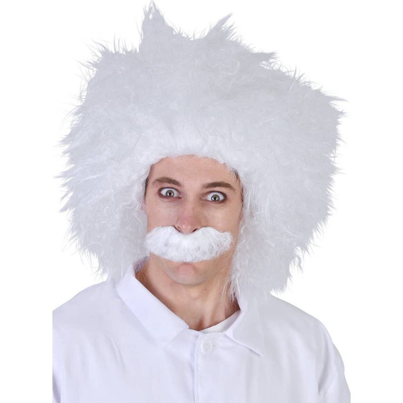 Emmett Mens Scientist Frizzy White Wig and Moustache Set