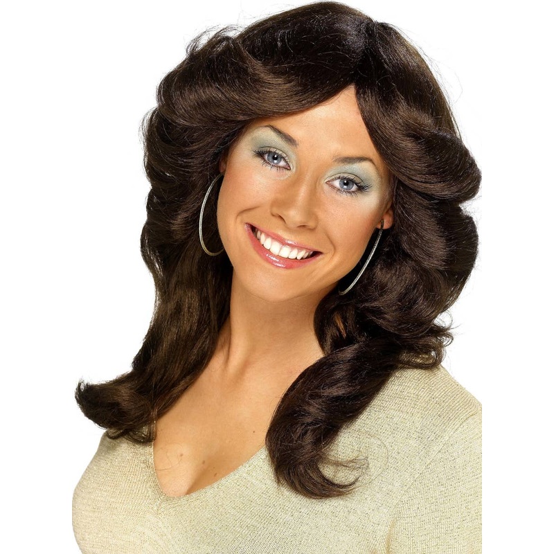 Foxy Womens 1970s Long Brown Flick Costume Wig