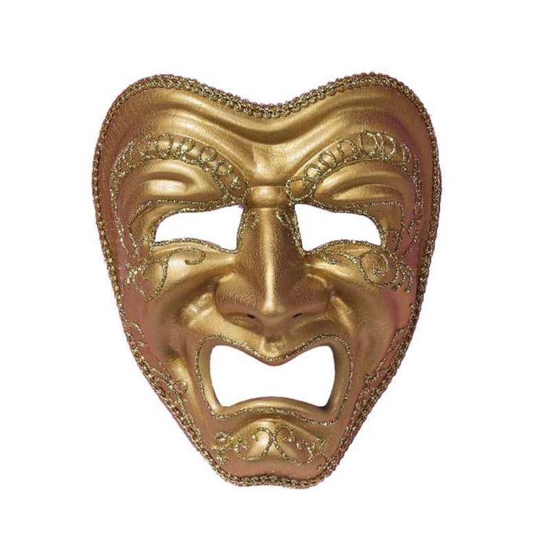 Full Face Gold Tragedy Masquerade Mask on Headband