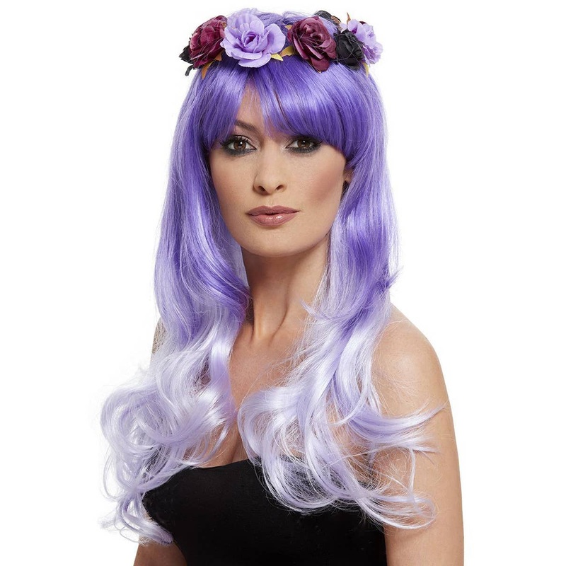 Curly Purple Ombre Womens Costume Wig with Flowers
