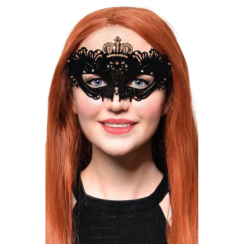 Flocked Finish Black and Gold Crown Masquerade Mask