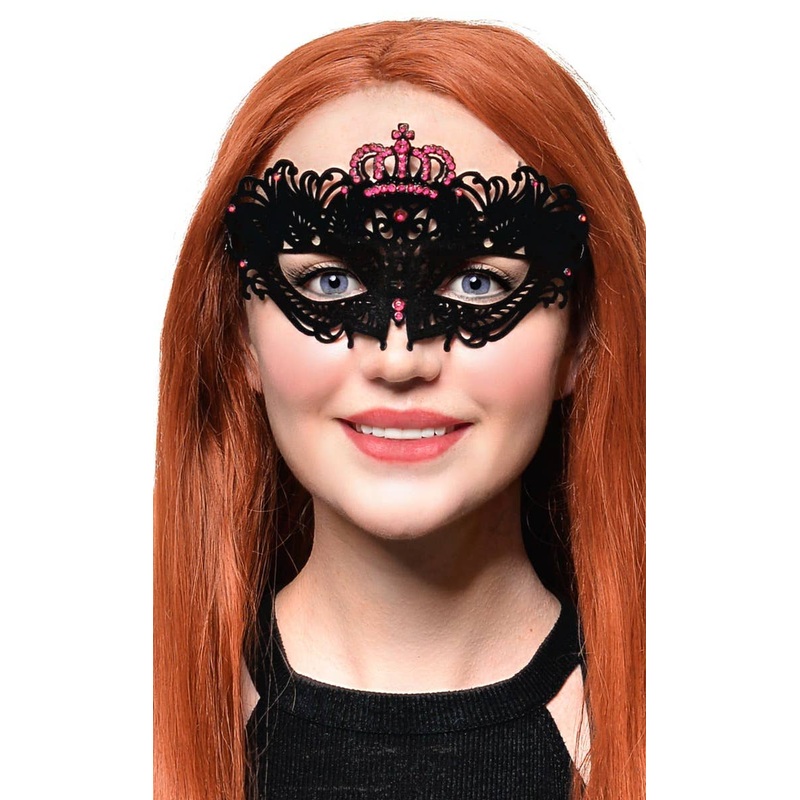 Flocked Finish Black and Pink Crown Masquerade Mask