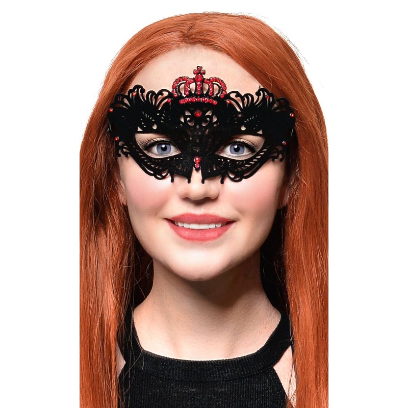 Flocked Finish Black and Red Crown Masquerade Mask