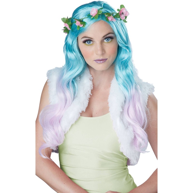 Floral Fantasy Womens Blue And Pink Wig With Flower Crown