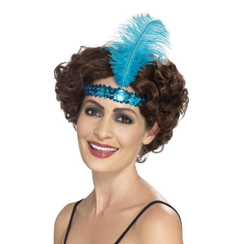 1920s Blue Sequin Flapper Headband with Feather