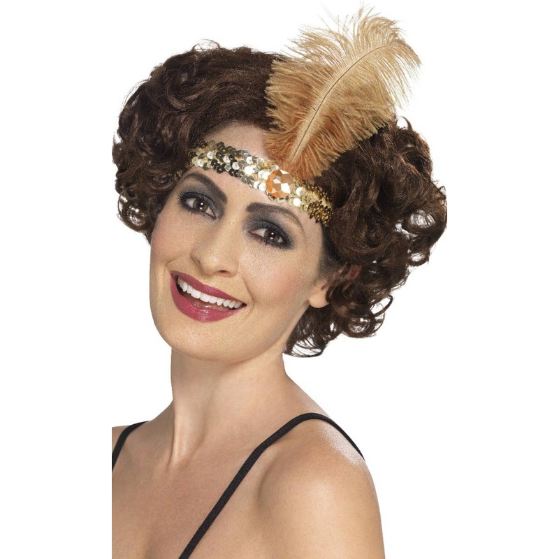 1920s Gold Sequin Flapper Headband with Feather