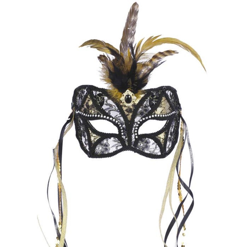 Feathered Black and Gold Lace Masquerade Mask  on Headband