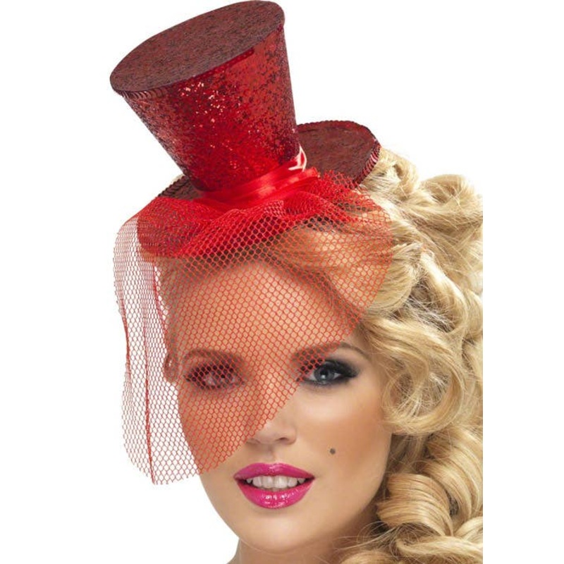 Fever Red Glitter Mini Top Hat on Headband