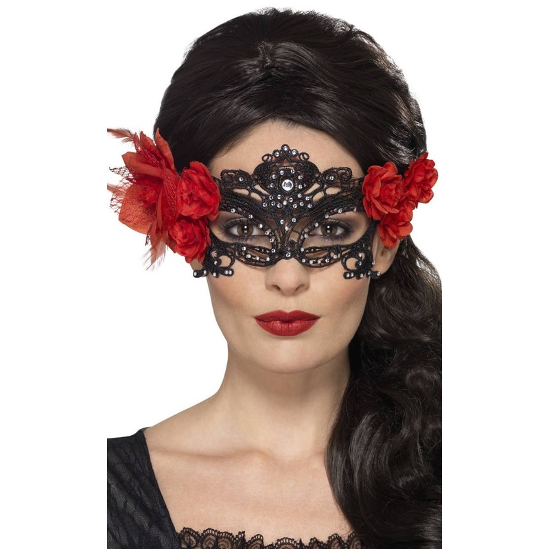 Filigree Black Lace Masquerade Mask with Roses