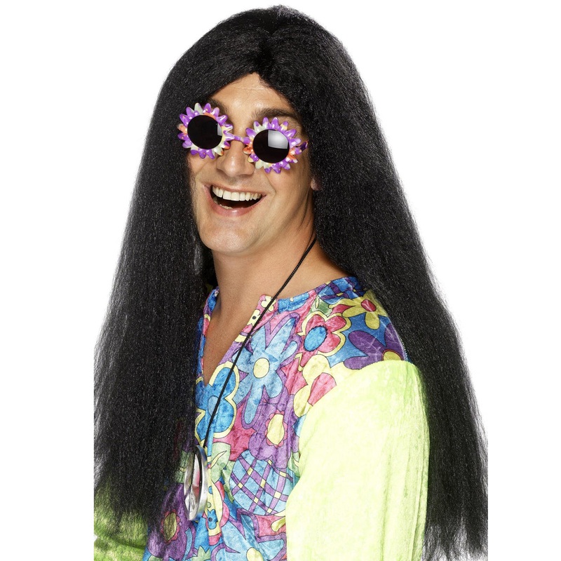 Crimped 1970s Mens Long Black Costume Wig