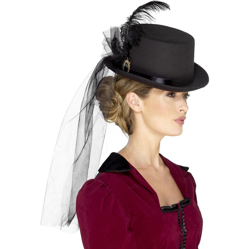 Deluxe Black Veiled Victorian Lady Top Hat