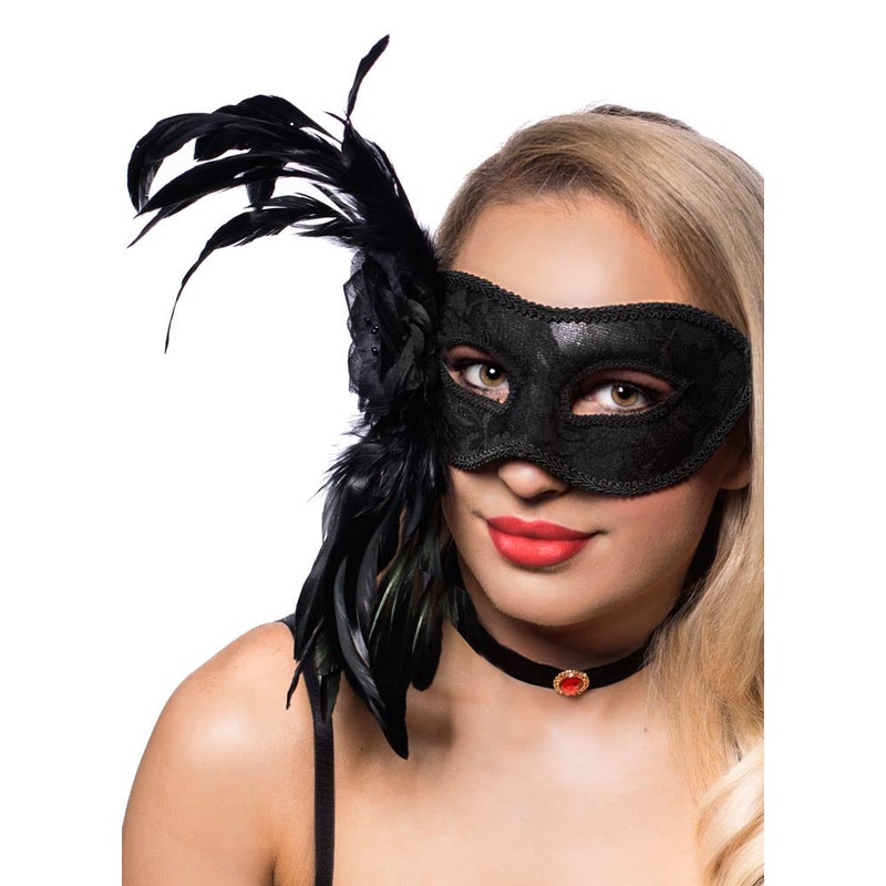 Extravagant Side Feather Black Lace Masquerade Mask
