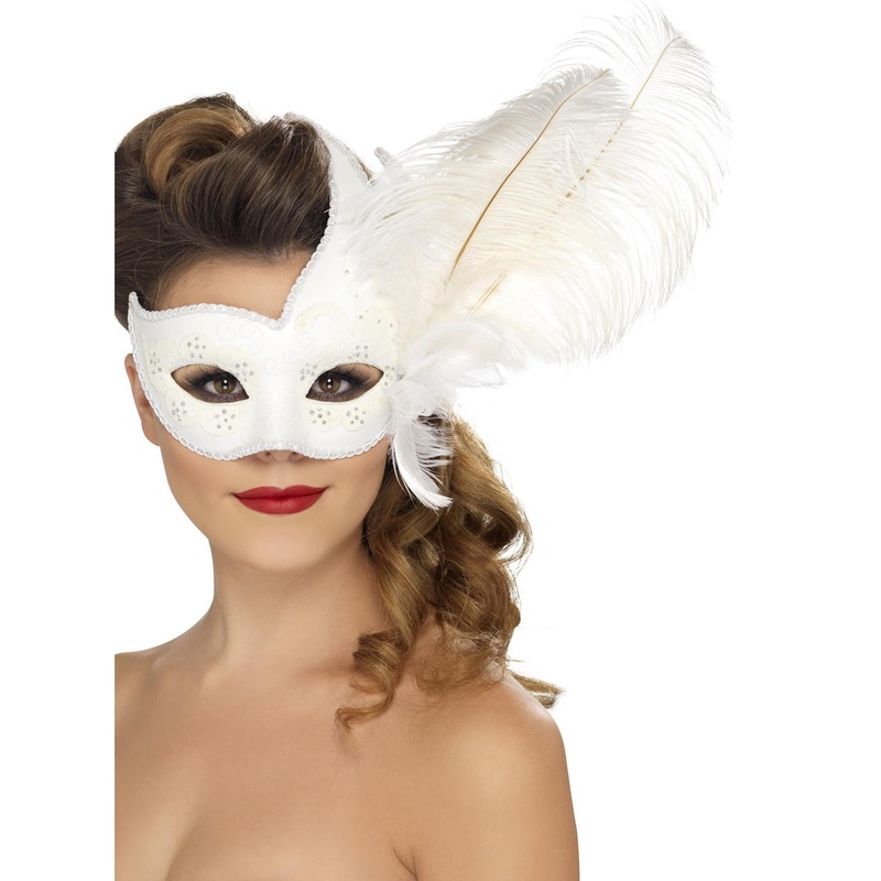 Ornate Womens White Colombina Feather Masquerade Mask