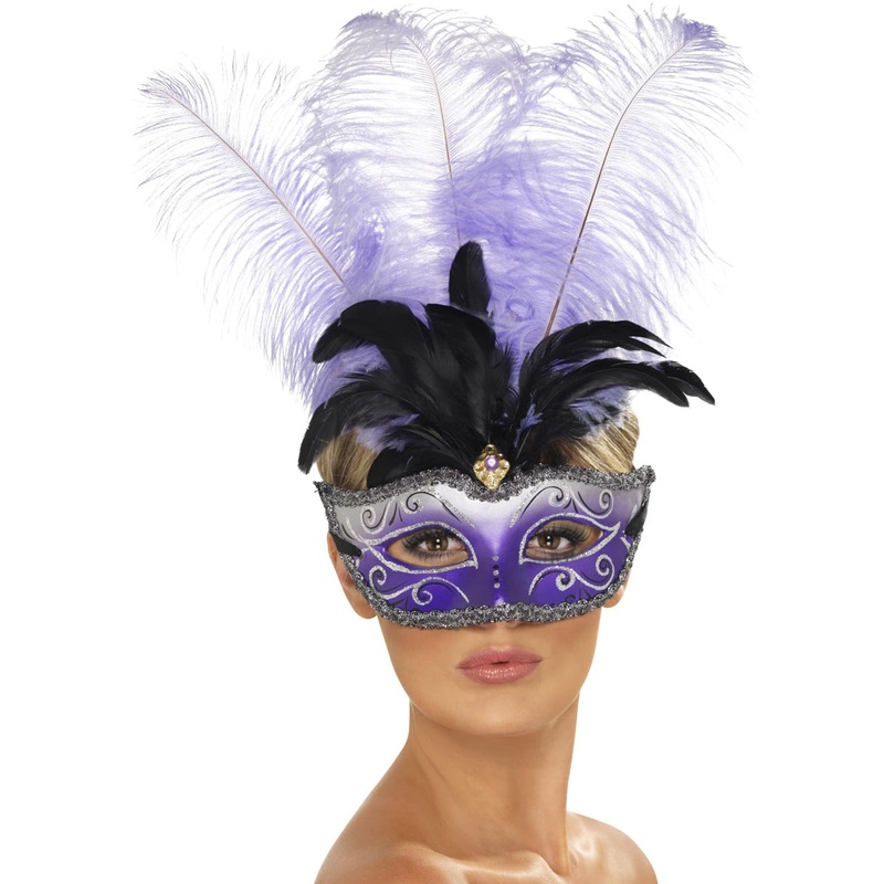 Tall Purple Venetian Colombina Womens Feather Masquerade Mask