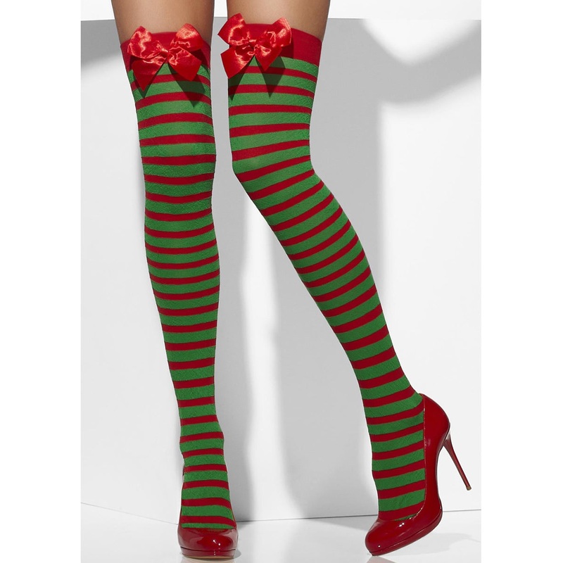 Thigh High Red and Green Striped Womens Stockings with Red Satin Bows