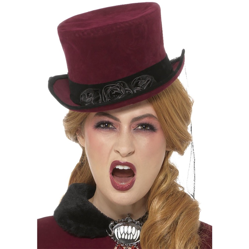 Veiled Burgundy Victorian Vampire Top Hat