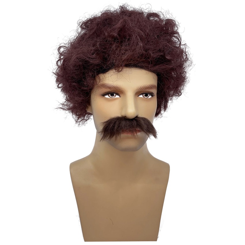 Short Brown Curly Mens Costume Wig and Moustache