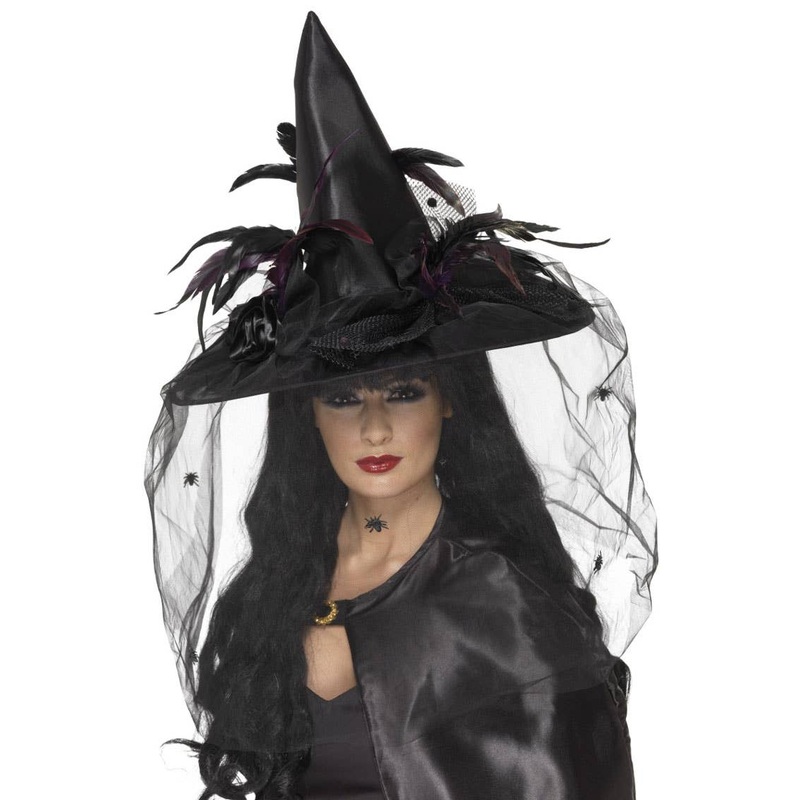 Elaborate Black Satin Feathered Witch Hat with Veil