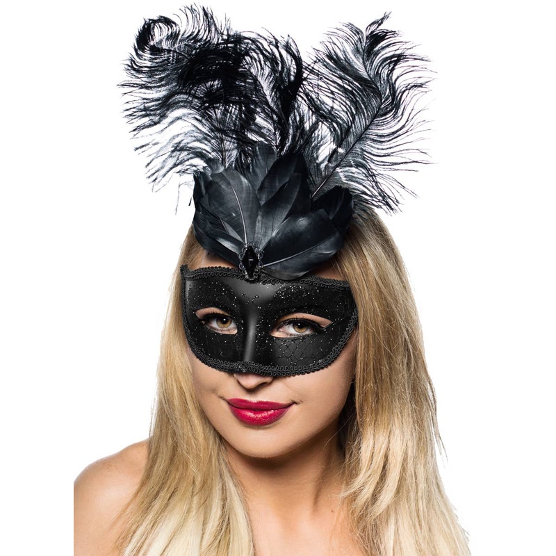 Elegant Tall Feather Black Masquerade Mask