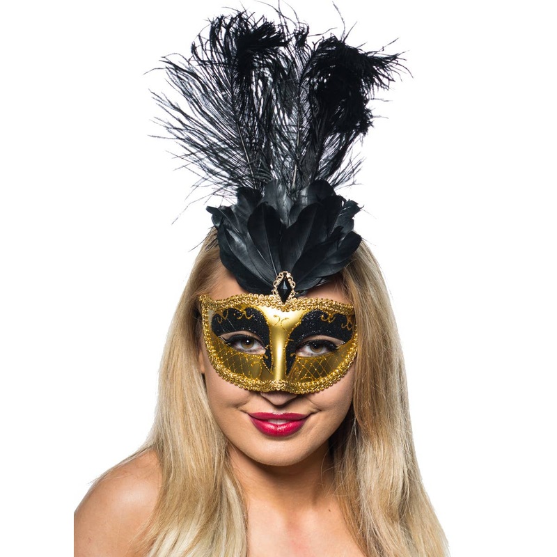 Elegant Tall Feather Masquerade Mask, Gold and Black