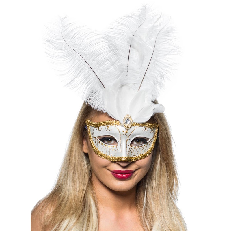 Elegant Tall Feather Masquerade Mask, White and Gold