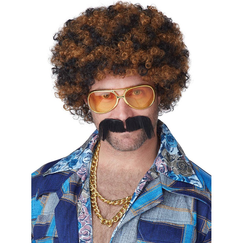 Disco Dirtbag Mens Black and Ginger Afro Wig and Moustache Set