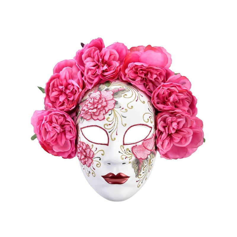 Florencia Full Face White Masquerade Mask with Pink Flowers and Glitter