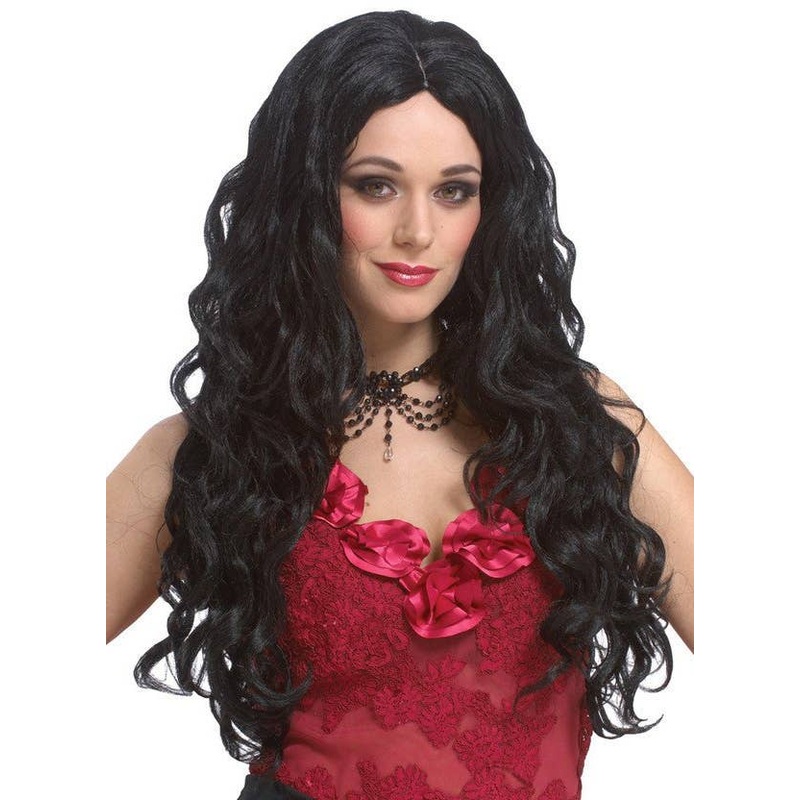 Sultry Long Black Wavy Womens Deluxe Costume Wig