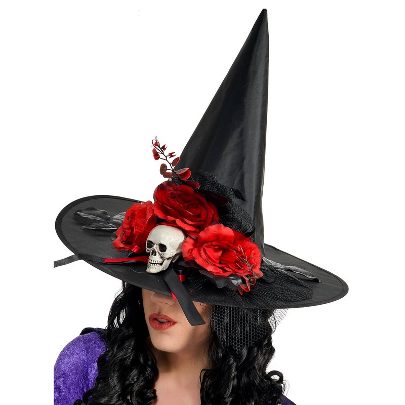 Deluxe Black Witch Costume Hat with Red Roses and Skull