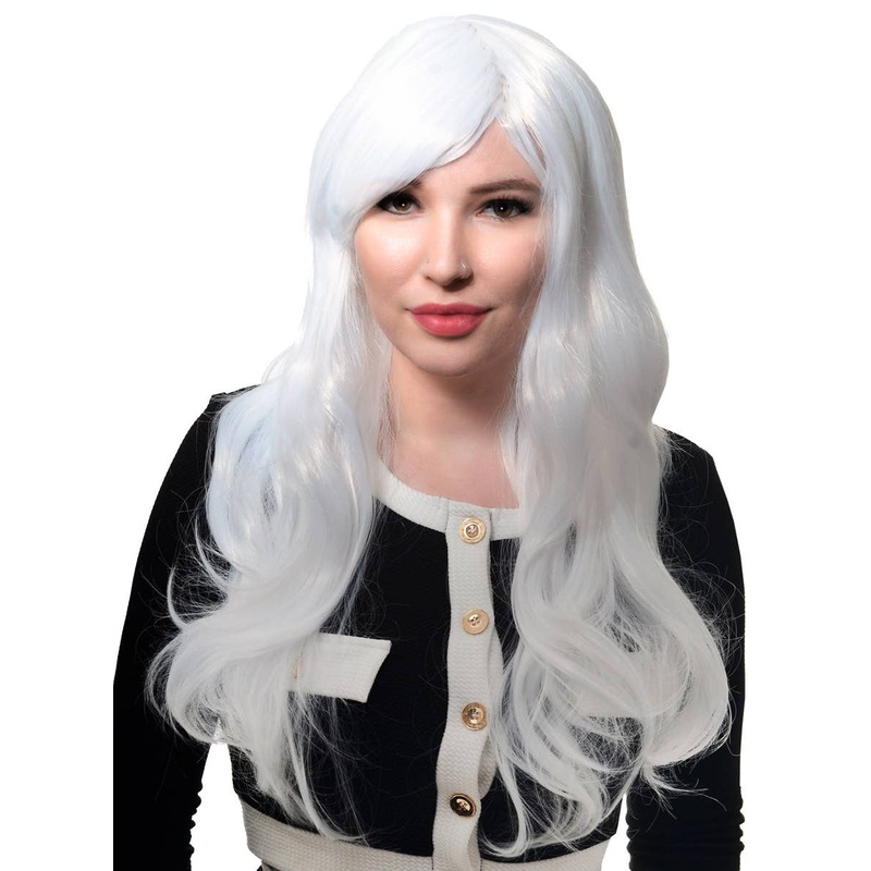 Deluxe Long White Curly Womens Costume Wig with Side Fringe