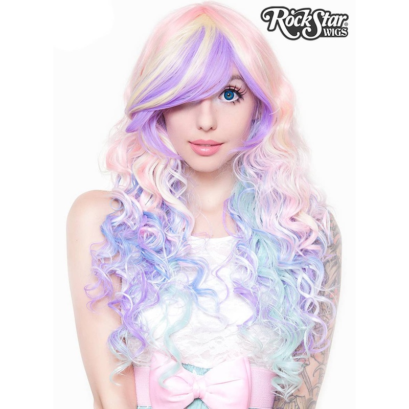 Deluxe Pastel Rainbow Womens Long Curly Wig