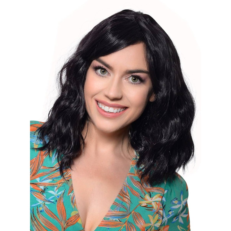 Deluxe Wavy Mid-Length Black Fashion Wig with Skin Top