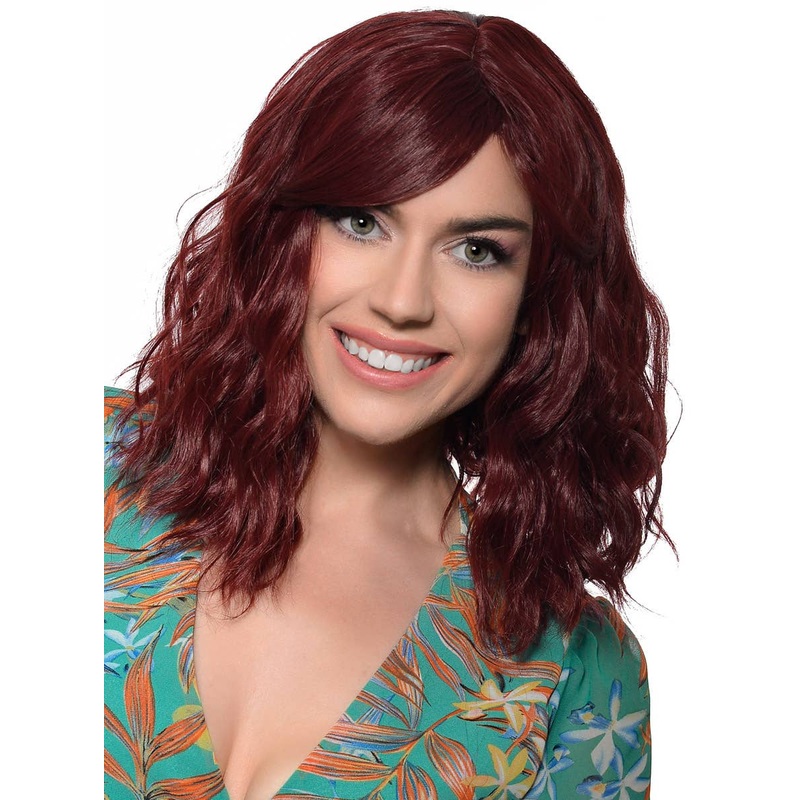 Deluxe Wavy Mid-Length Burgundy Fashion Wig with Skin Top