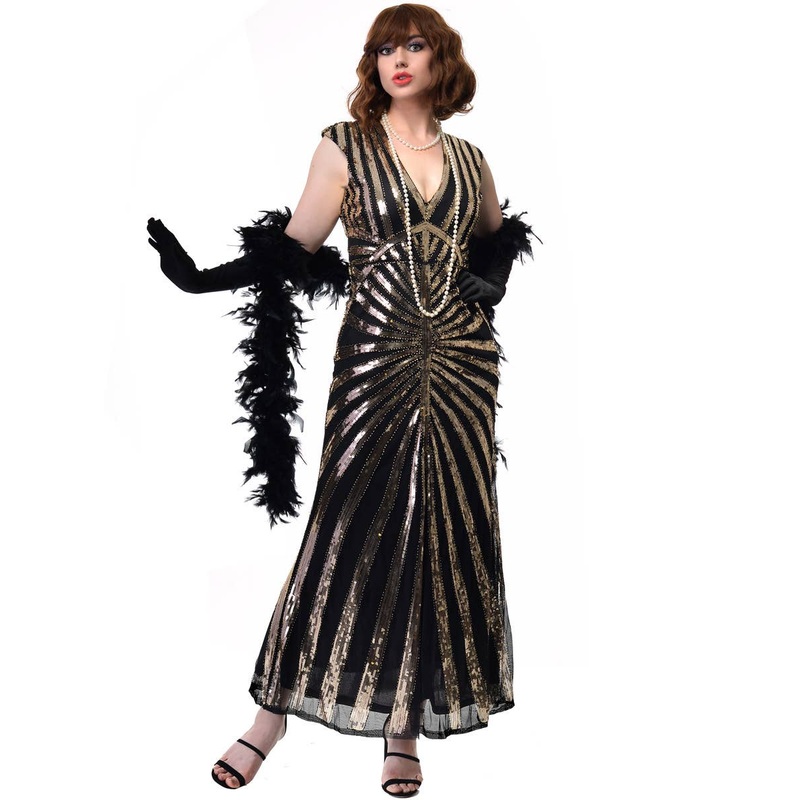 1930s Hollywood Black and Gold Sequinned Womens Costume Dress Large