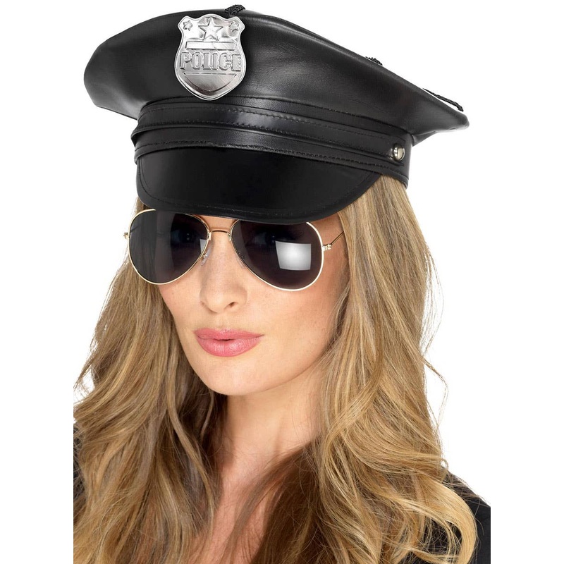 Deluxe Black Leather Look Womens Police Costume Hat