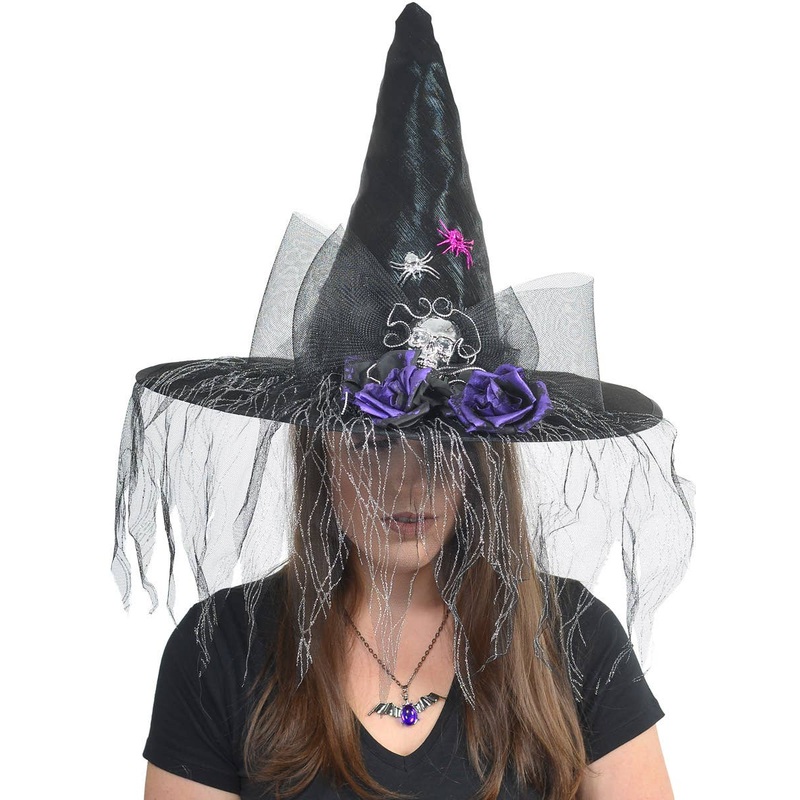Elaborate Deluxe Black Witch Hat with Veil and Roses