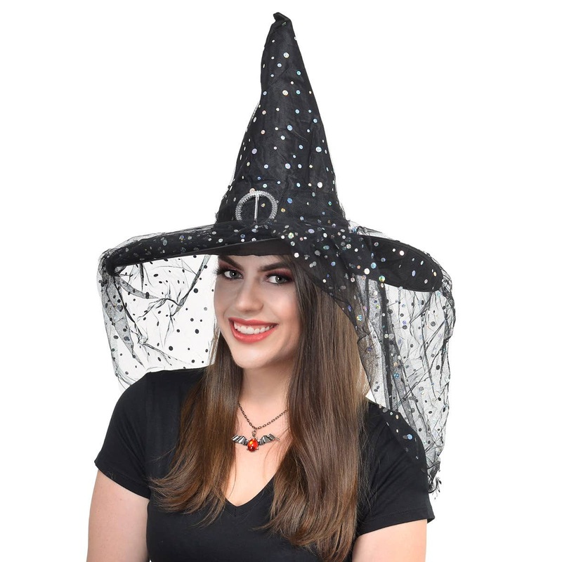 Holographic Dot Witch Hat with Buckle and Veil