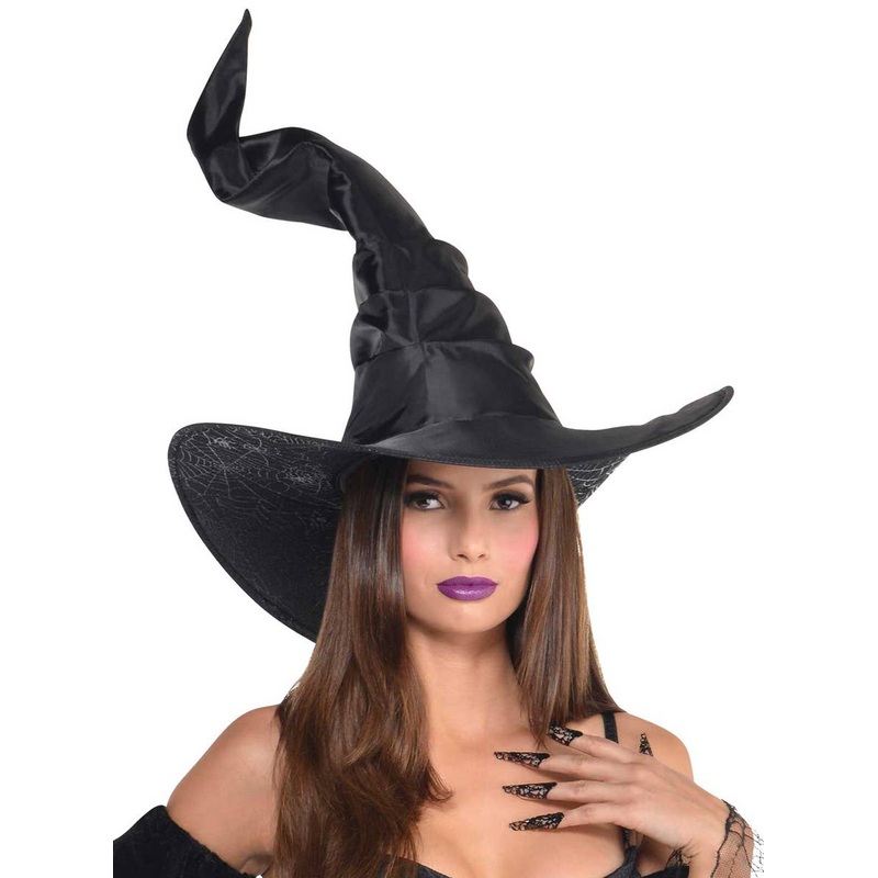 Tall Deluxe Black Satin Crooked Witch Hat